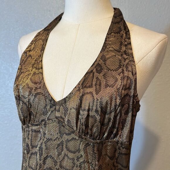 Vintage Lip Service Elegant gold/brown metallic Halter Maxi Dress size L - Picture 3 of 13